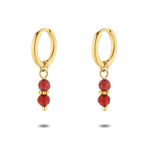 Gold Coloured Stainless Steel Earrings, 2 Red Stones