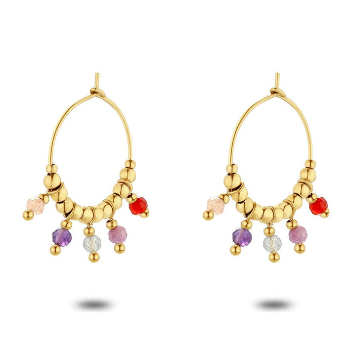 Gold Coloured Stainless Steel Earrings, Multi Coloured Stones, Red, Pink, Purple