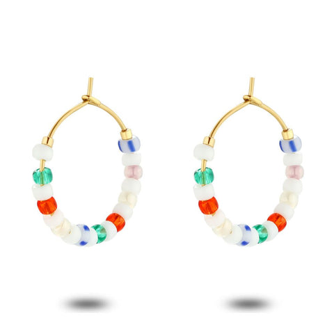 Gold Coloured Stainless Steel Earrings, Hoops, Multicoloured Miyuki Beads