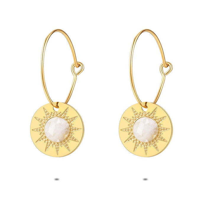 Gold Coloured Stainless Steel Earrings, Hoops, Sun Motif And White Natural Stone