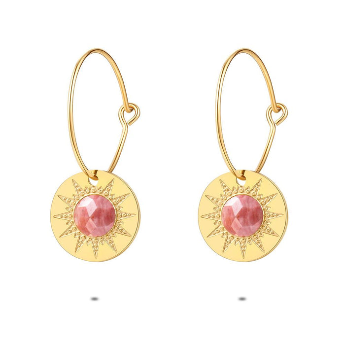 Gold-Coloured Stainless Steel Earrings, Hoop, Sun Motif With Pink Natural Stone