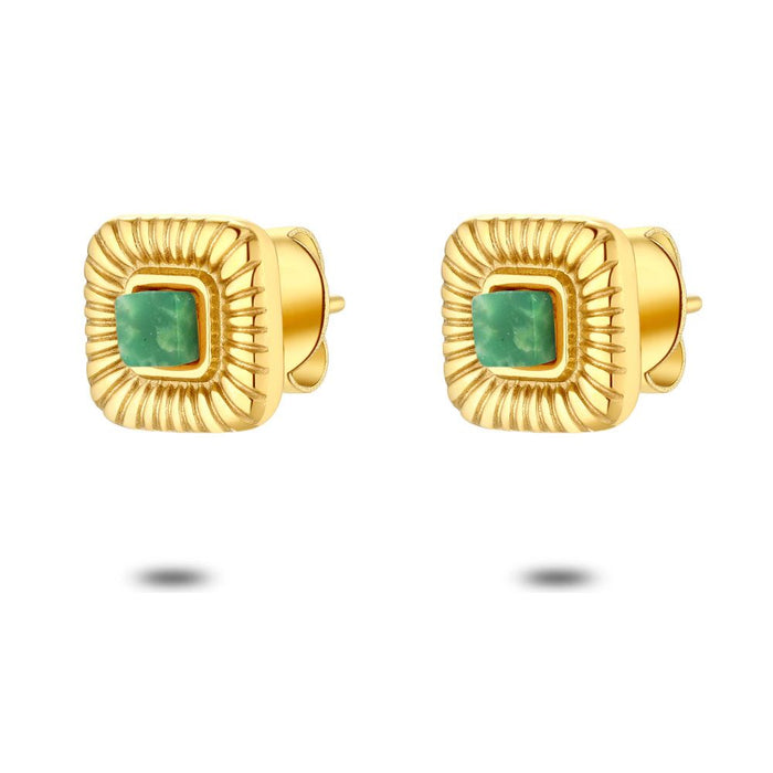 Gold Coloured Stainless Steel Earrings, Green Stone, Square