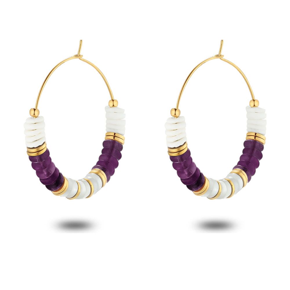 Gold Coloured Stainless Steel Earrings, Hoops, Amethyst, Mother Of Pearl