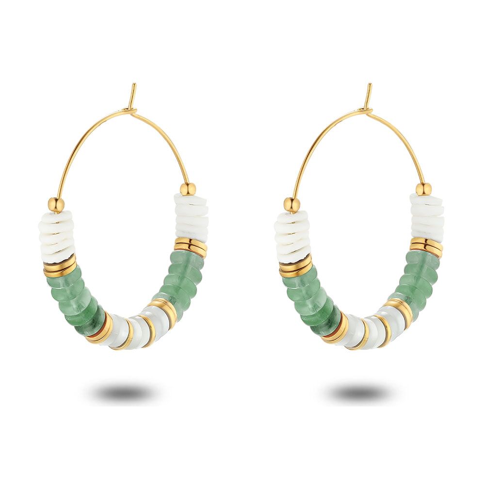 Gold Coloured Stainless Steel Earrings, Hoops, Green Beads, Mother Of Pearl