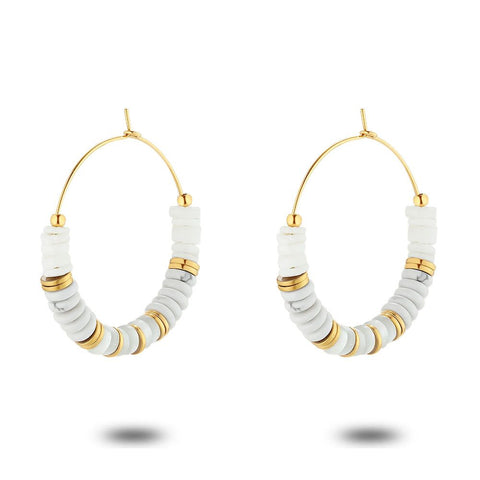 Gold Coloured Stainless Steel Earrings, Hoops, Mother Of Pearl