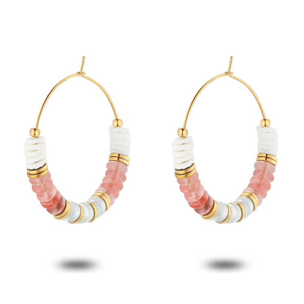 Gold Coloured Stainless Steel Earrings, Hoops, Pink Quartz, Mother Of Pearl