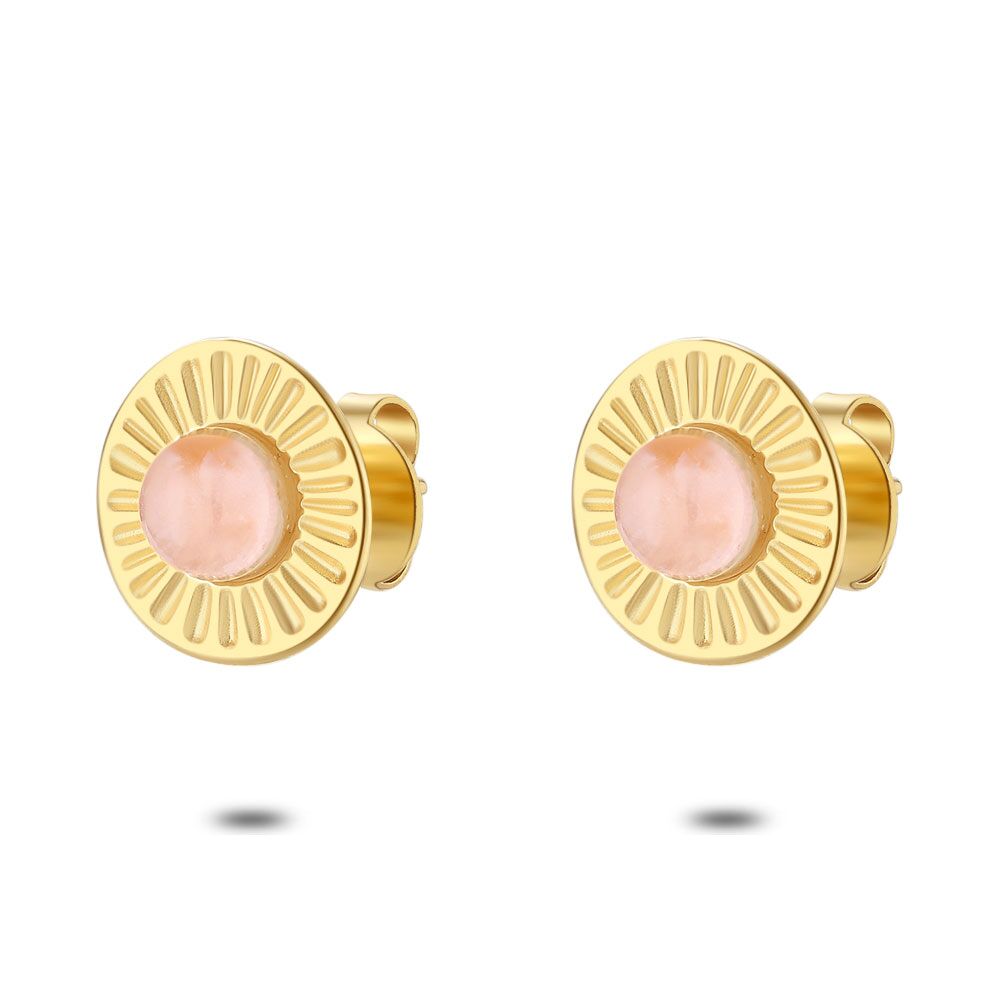 Gold Coloured Stainless Steel Earrings, Pink Quartz, Flower