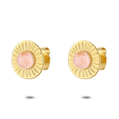 Gold Coloured Stainless Steel Earrings, Pink Quartz, Flower