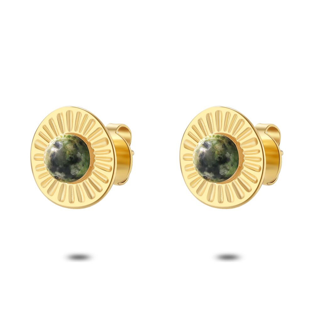 Gold Coloured Stainless Steel Earrings, Green Stone, Round