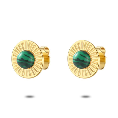 Gold Coloured Stainless Steel Earrings, Green Stone, Flower