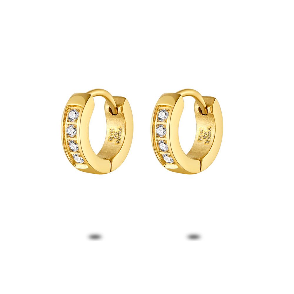 Gold Coloured Stainless Steel Earrings, Hoop Earrings, 10 Mm, White Crystals
