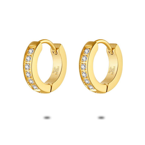 Gold Coloured Stainless Steel Earrings, Hoop Earrings, 13 Mm, White Crystals