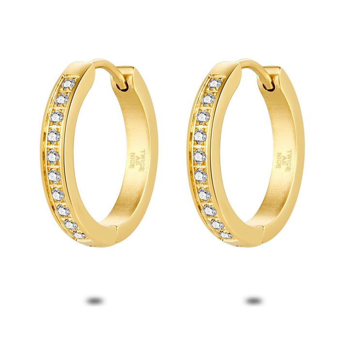 Gold Coloured Stainless Steel Earrings, Hoop Earring, 2 Cm, White Crystals