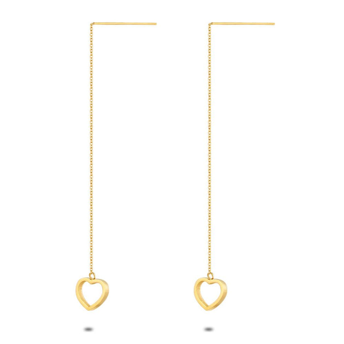 Gold Coloured Stainless Steel Earrings, Open Heart On Chain