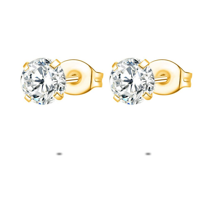 Gold Coloured Stainless Steel Earrings, 1 Zirconia Of 6 Mm