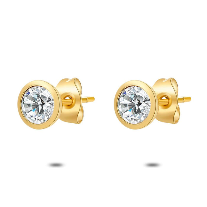 Gold Coloured Stainless Steel Earrings, 1 Crystal Of 6 Mm