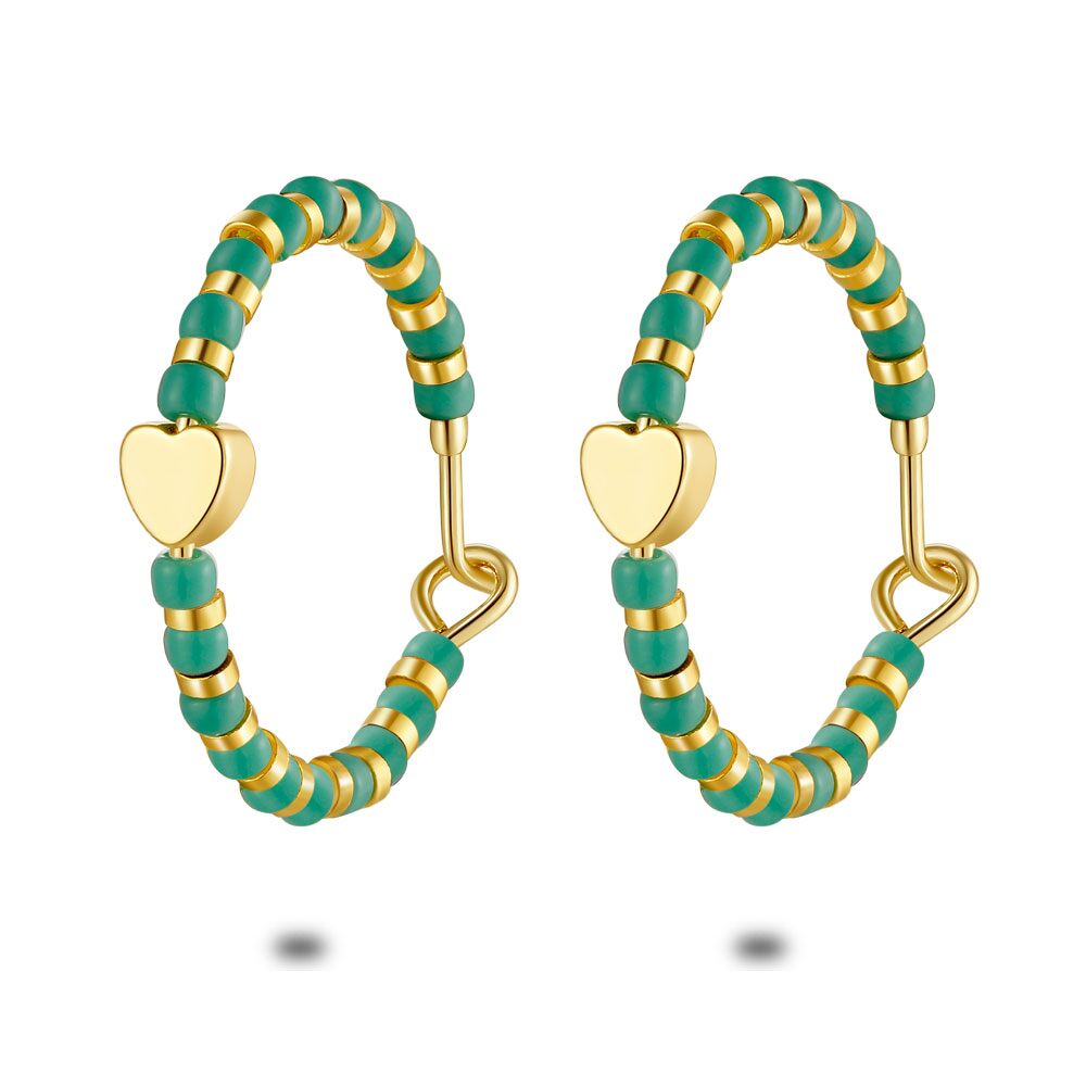 High Fashion Earrings, Hoop Earrings, Green Pearls, Heart