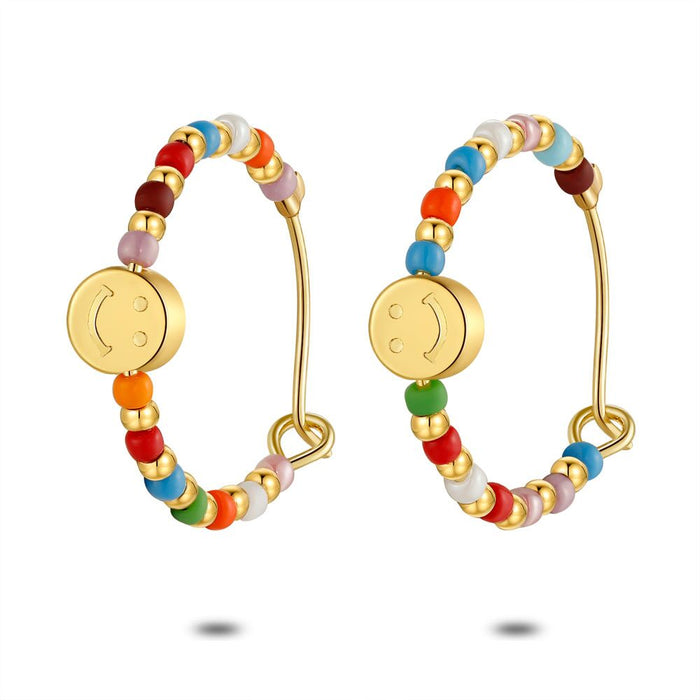 High Fashion Earrings, Hoop Earrings, Multi-Colored Stones, Smiley