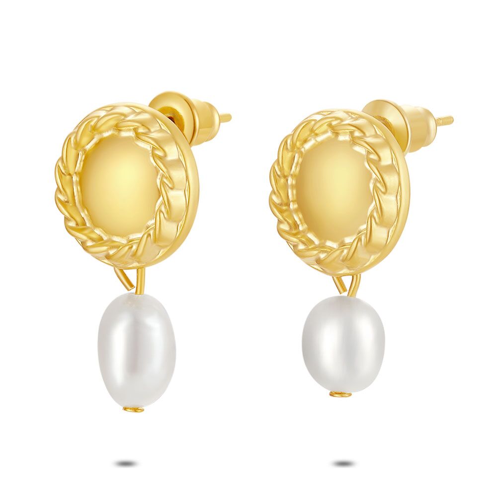 High Fashion Earrings, Gold-Coloured Round, Pearl