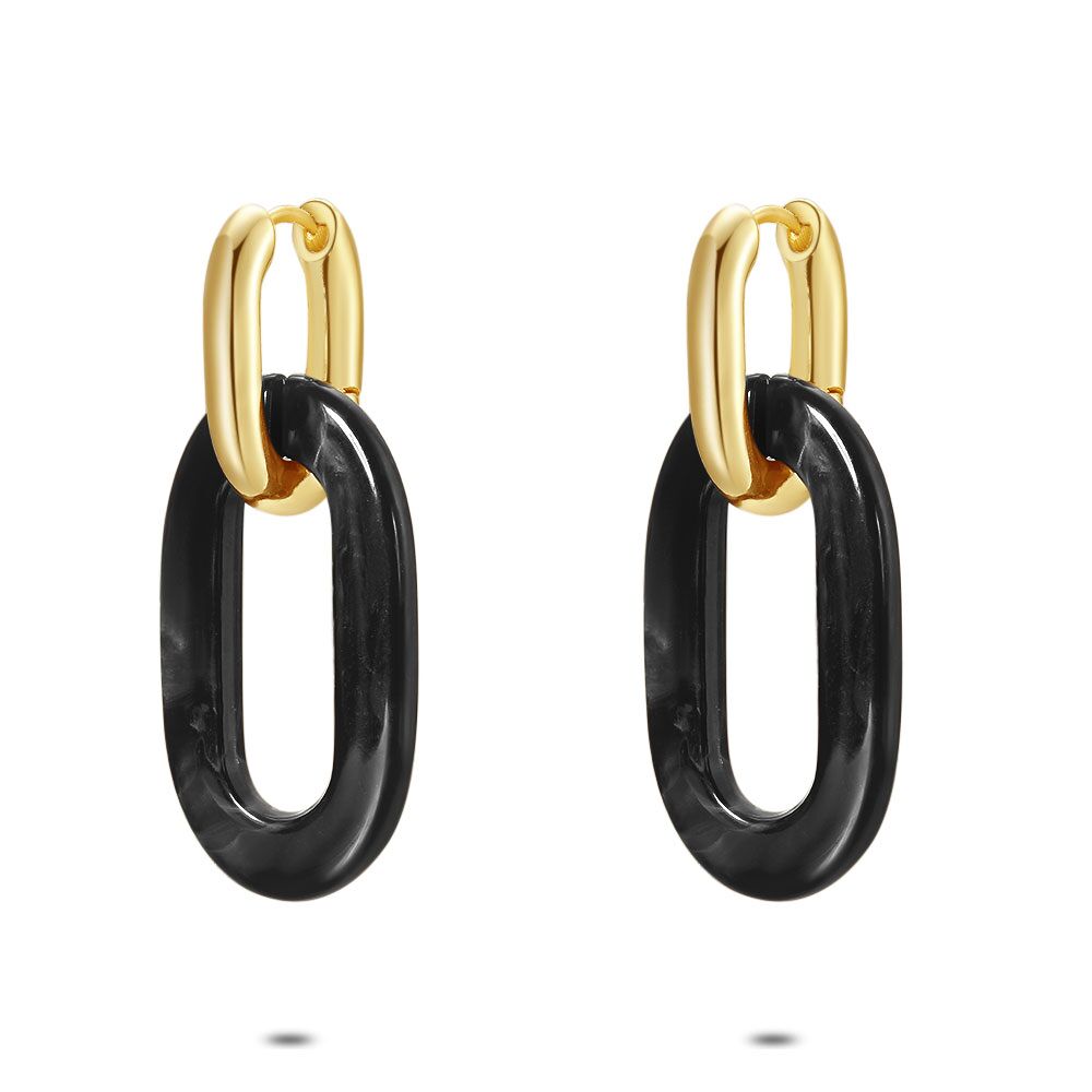 High Fashion Earrings, Oval Links, Gold-Coloured, Black