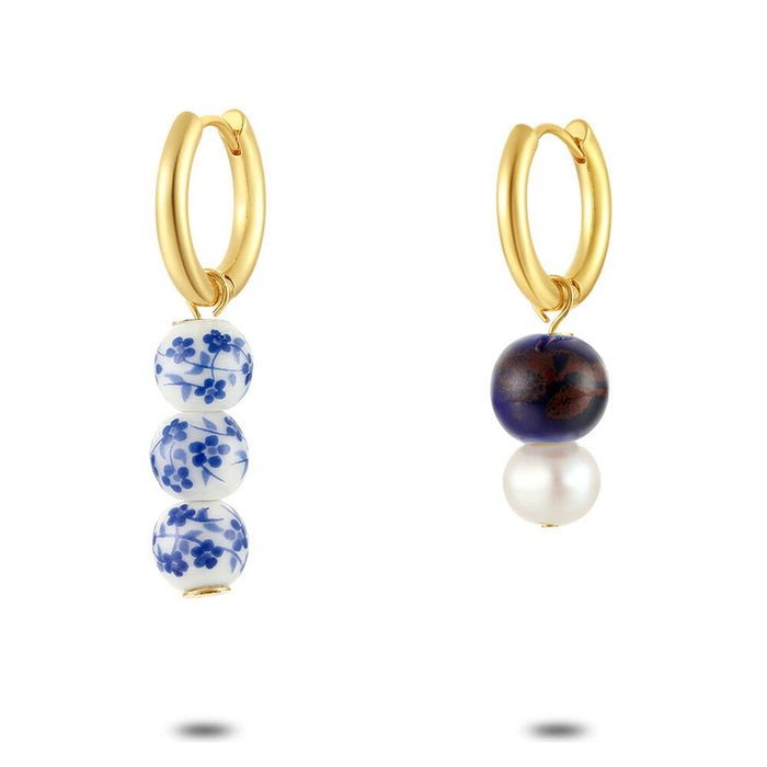 High Fashion Earrings, Goldcoloured Hoops, White And Blue Pearls