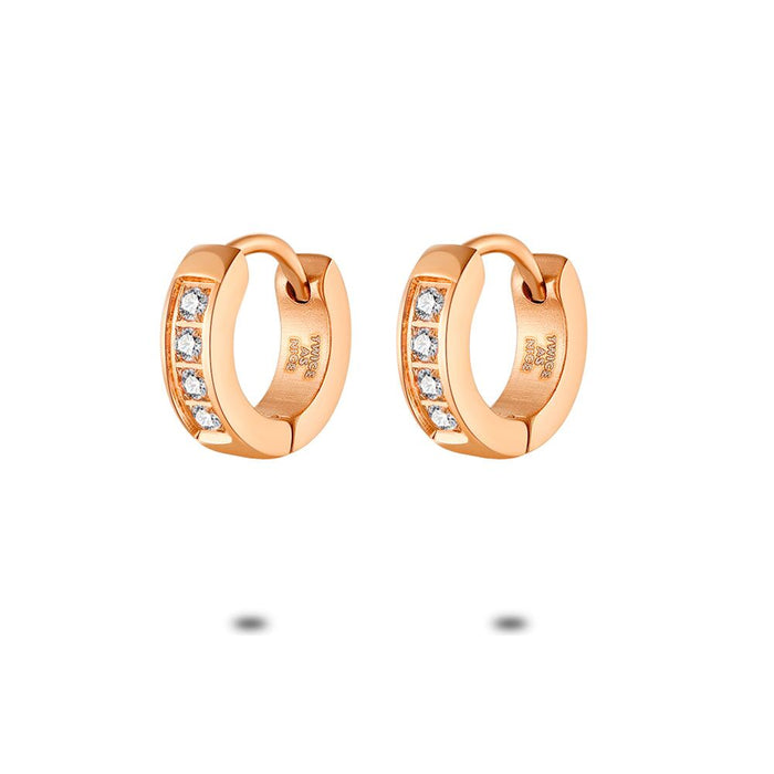 Rosé Stainless Steel Earrings, Hoop Earrings, 10 Mm, White Crystals