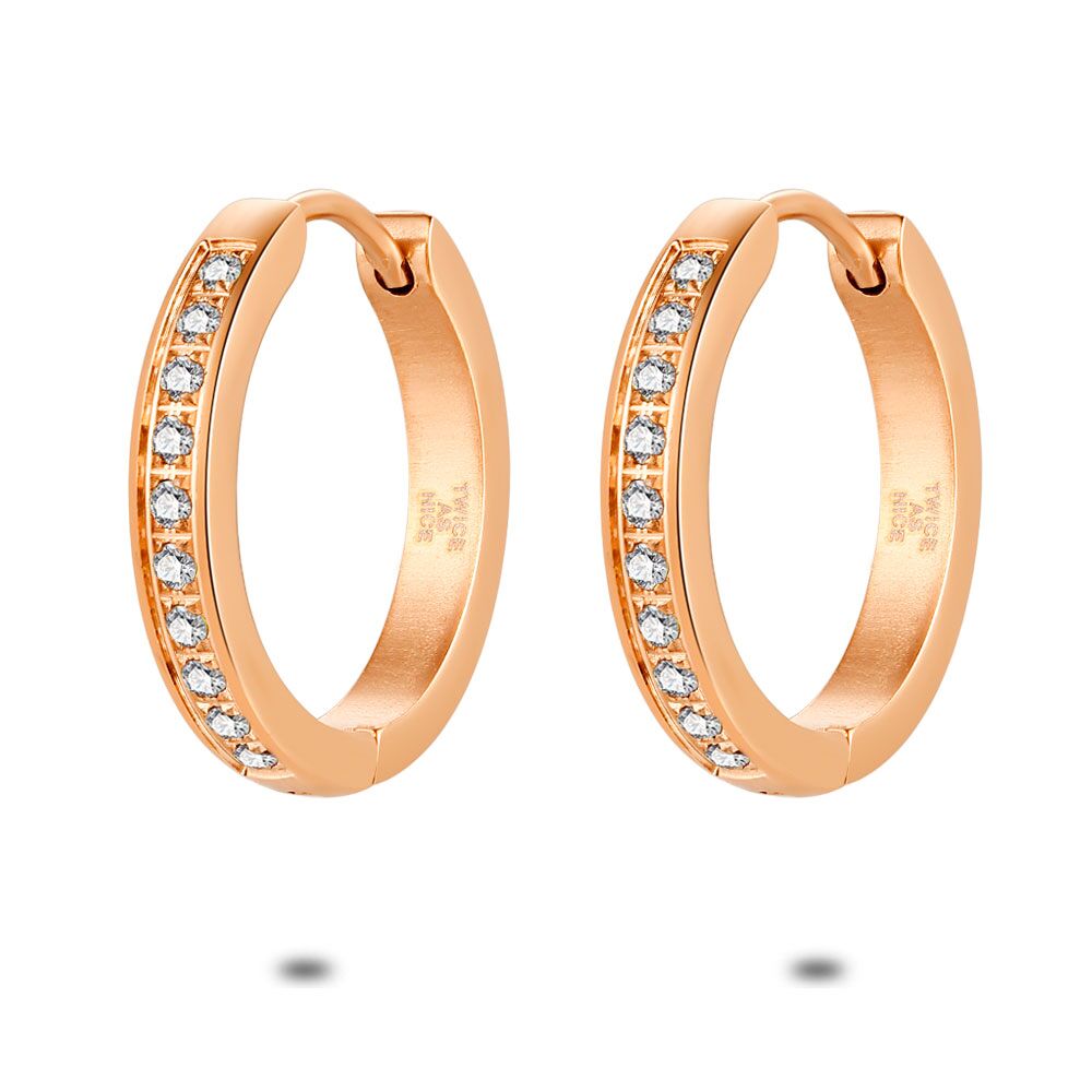 Rosé Stainless Steel Earrings, Hoop Earrings, 20 Mm, White Crystals