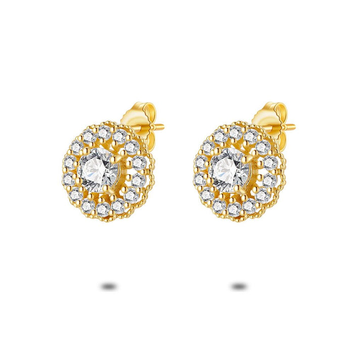 18Ct Gold Plated Silver Earrings, Flowers, Zirconia