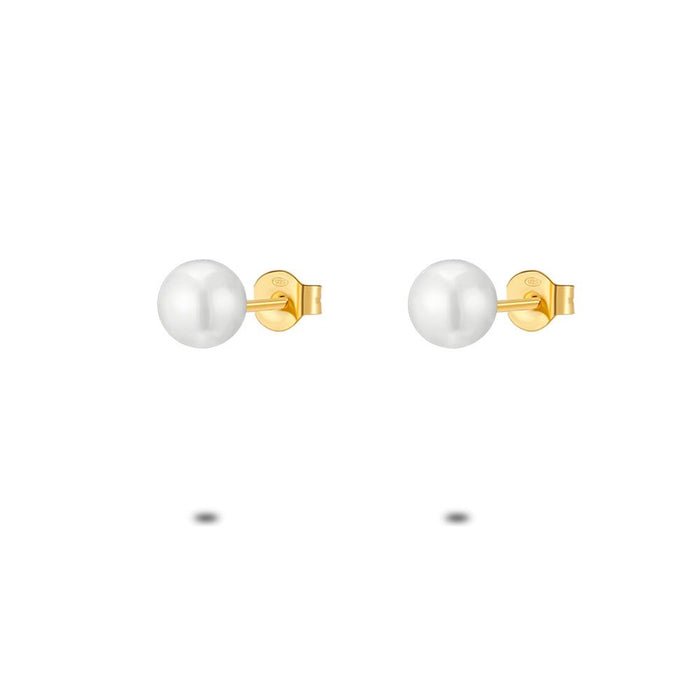 18Ct Gold Plated Silver Earrings, Pearl, 6 Mm