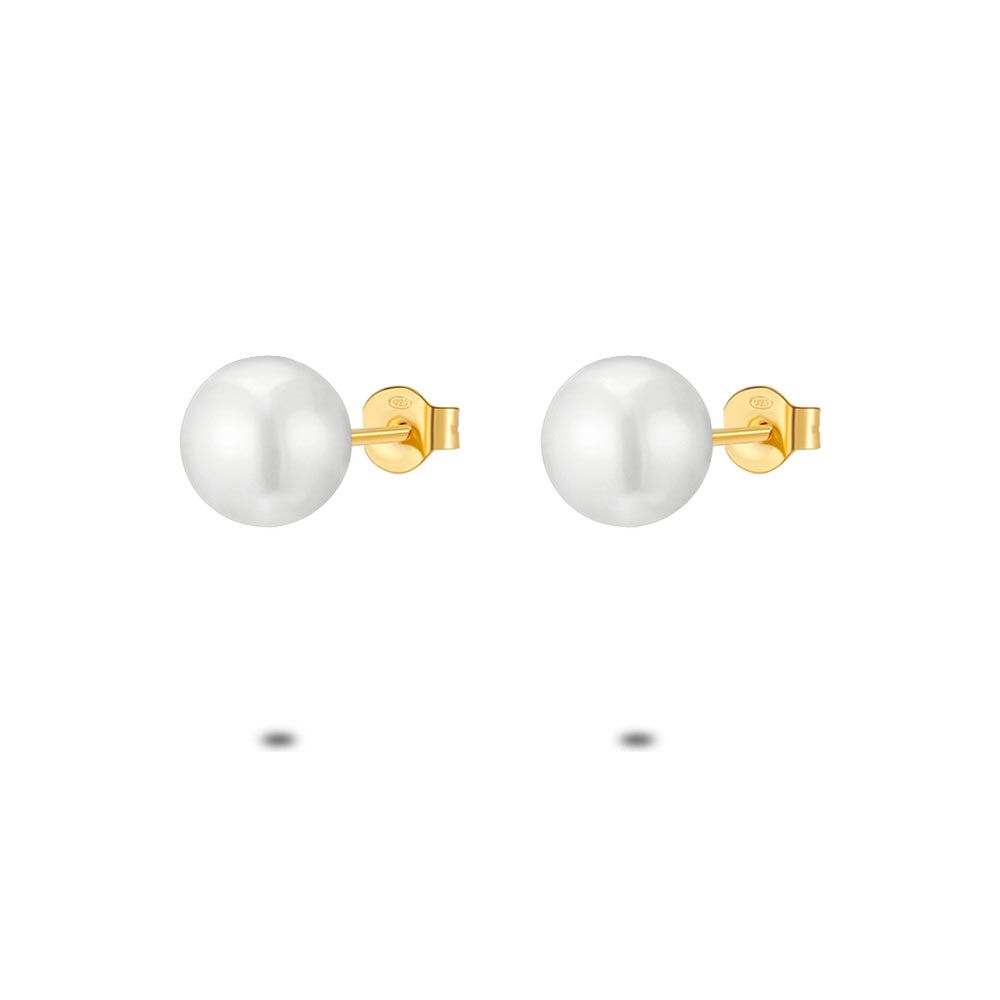 18Ct Gold Plated Silver Earrings, Pearl, 8 Mm