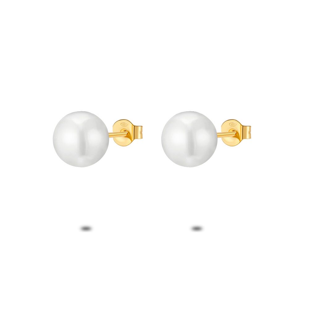 18Ct Gold Plated Silver Earrings, Pearl 10 Mm