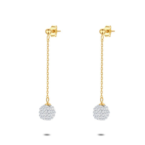 18Ct Gold Plated Silver Earrings, Ball With Crystals, On Chain