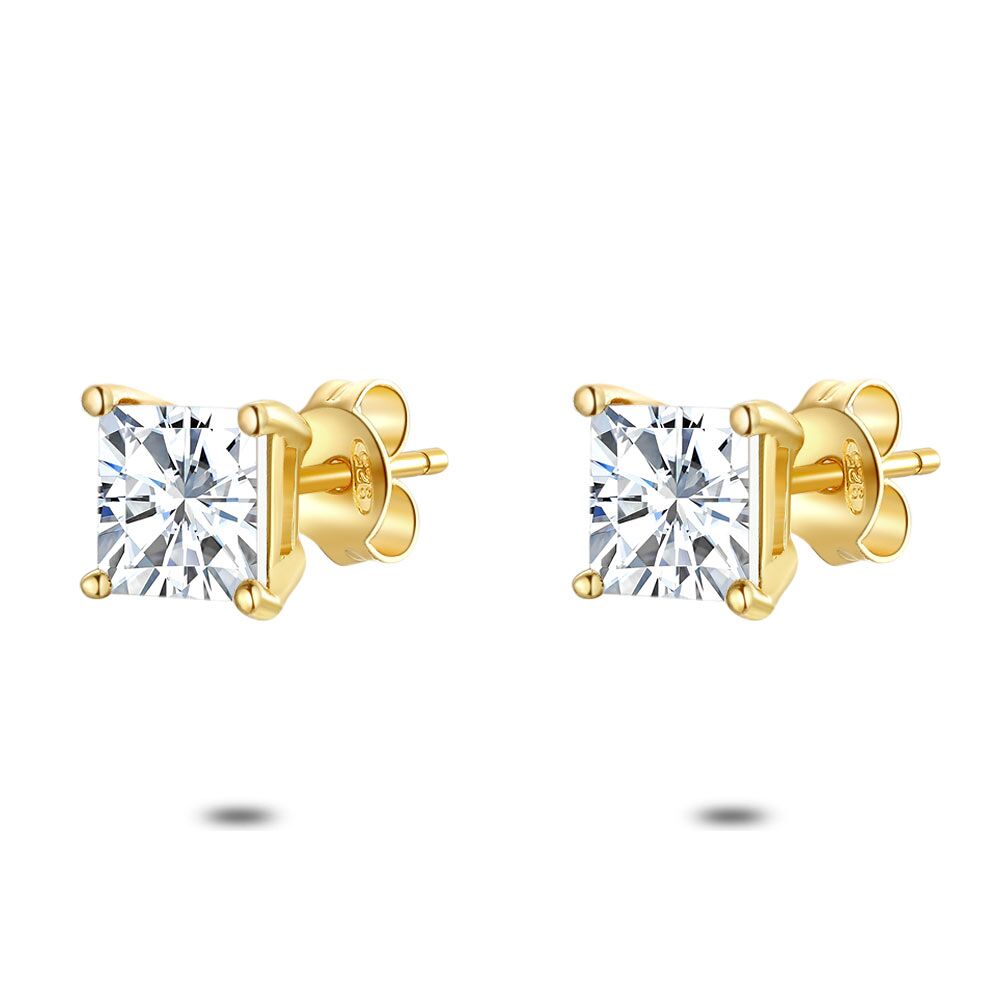18Ct Gold Plated Silver Earrings, Squared Zirconia, 6 Mm