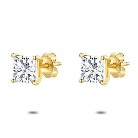 18Ct Gold Plated Silver Earrings, Squared Zirconia, 6 Mm