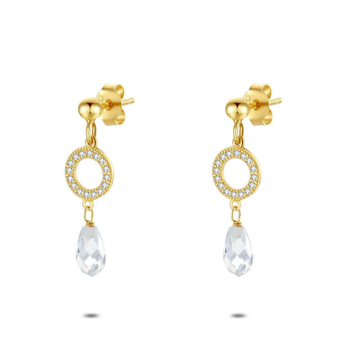 18Ct Gold Plated Silver Earrings, Circle With Zirconia, Drop