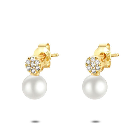 18Ct Gold Plated Silver Earrings, Flower With Zirconia, Pearl