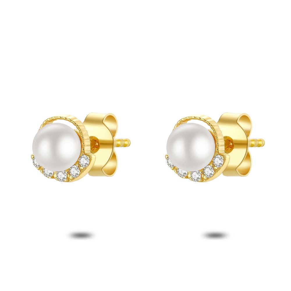 18Ct Gold Plated Silver Earrings, Small Pearls And Zirconia