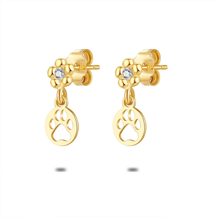 18Ct Gold Plated Silver Earrings, Flower With Zirconia, Paw