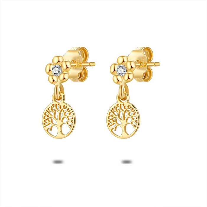 18Ct Gold Plated Silver Earrings, Flower With Zirconia, Tree Of Life