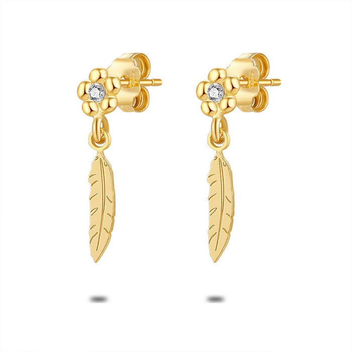 18Ct Gold Plated Silver Earrings, Flower And Feather, Zirconia