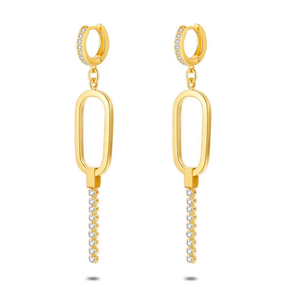 18Ct Gold Plated Silver Earrings, Hoop, Open Oval, Dangling Zirconia