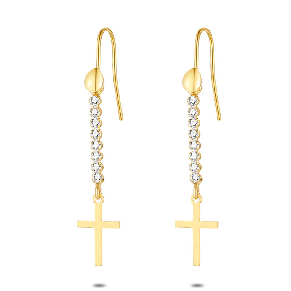 18Ct Gold Plated Silver Earrings, Cross And Zirconia
