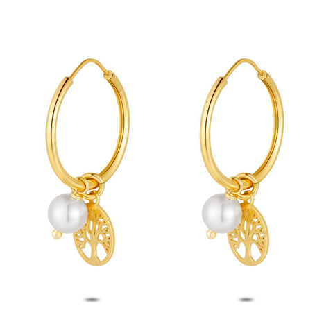18Ct Gold Plated Silver Earrings, Hoop With Pearl And Tree Of Life
