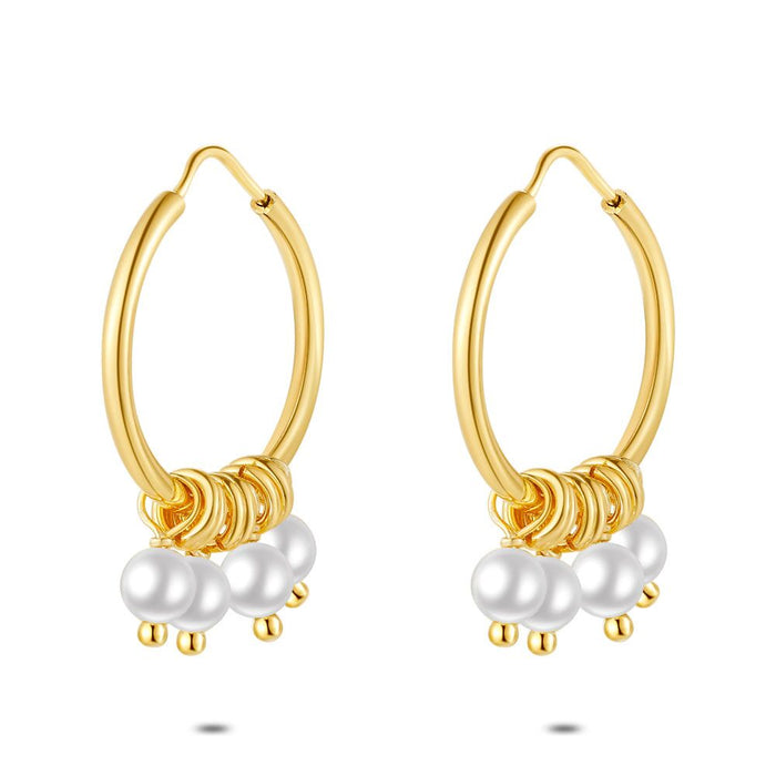 18Ct Gold Plated Earrings, Hoop With 4 Tiny Pearls