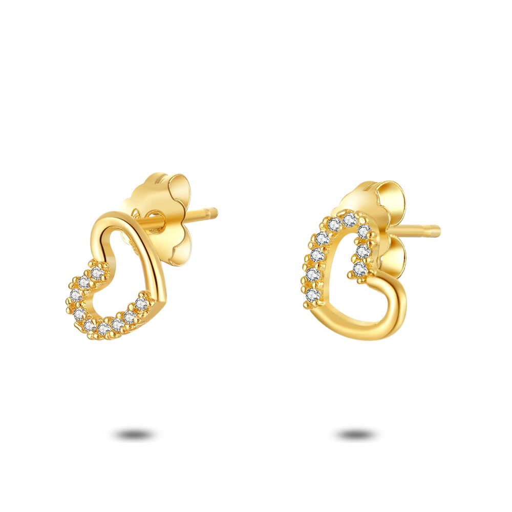 18Ct Gold Plated Silver Earrings, Open Heart, Half With Zirconia