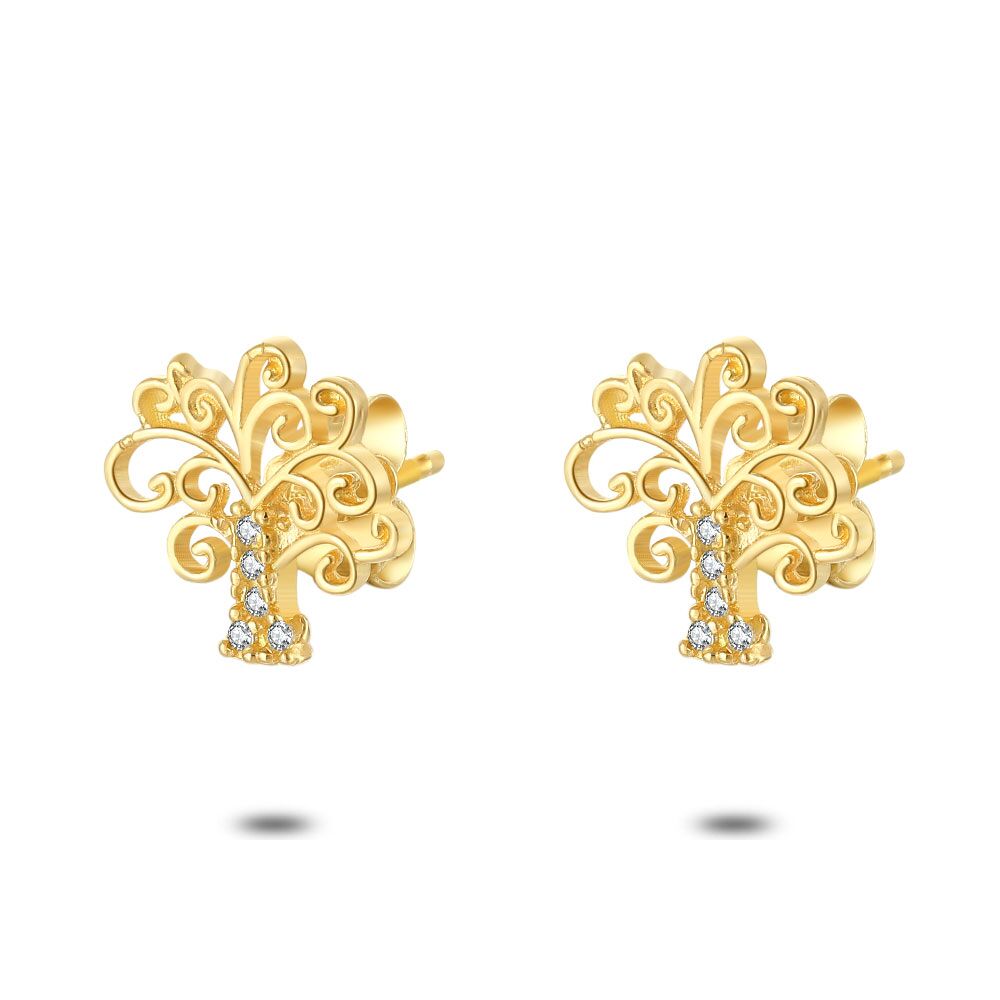 18Ct Gold Plated Silver Earrings, Tree, Zirconia