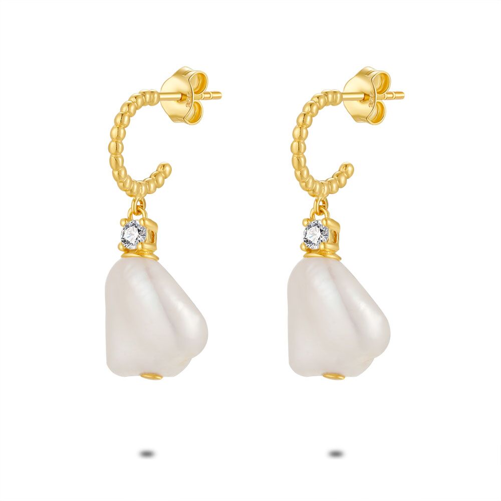 18Ct Gold Plated Silver Earrings, Open Hoop, Zirconia And Pearl