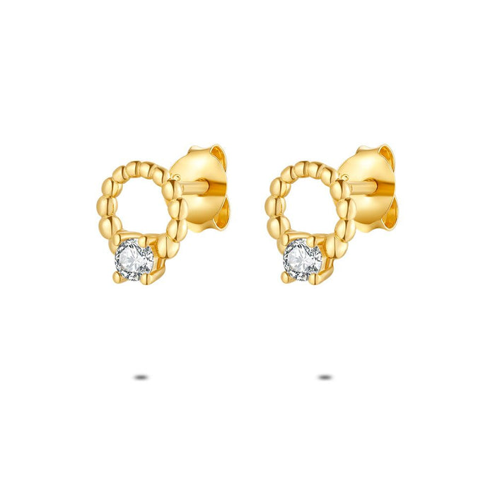 18Ct Gold Plated Silver Earrings, Dotted Circle, 1 Zirconia