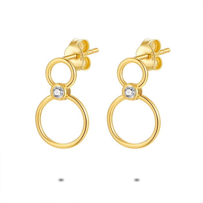 18Ct Gold Plated Silver Earrings, Circles With 1 Zirconia