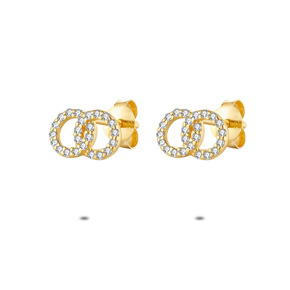 18Ct Gold Plated Silver Earrings, 2 Interlaced Circles With Zirconia